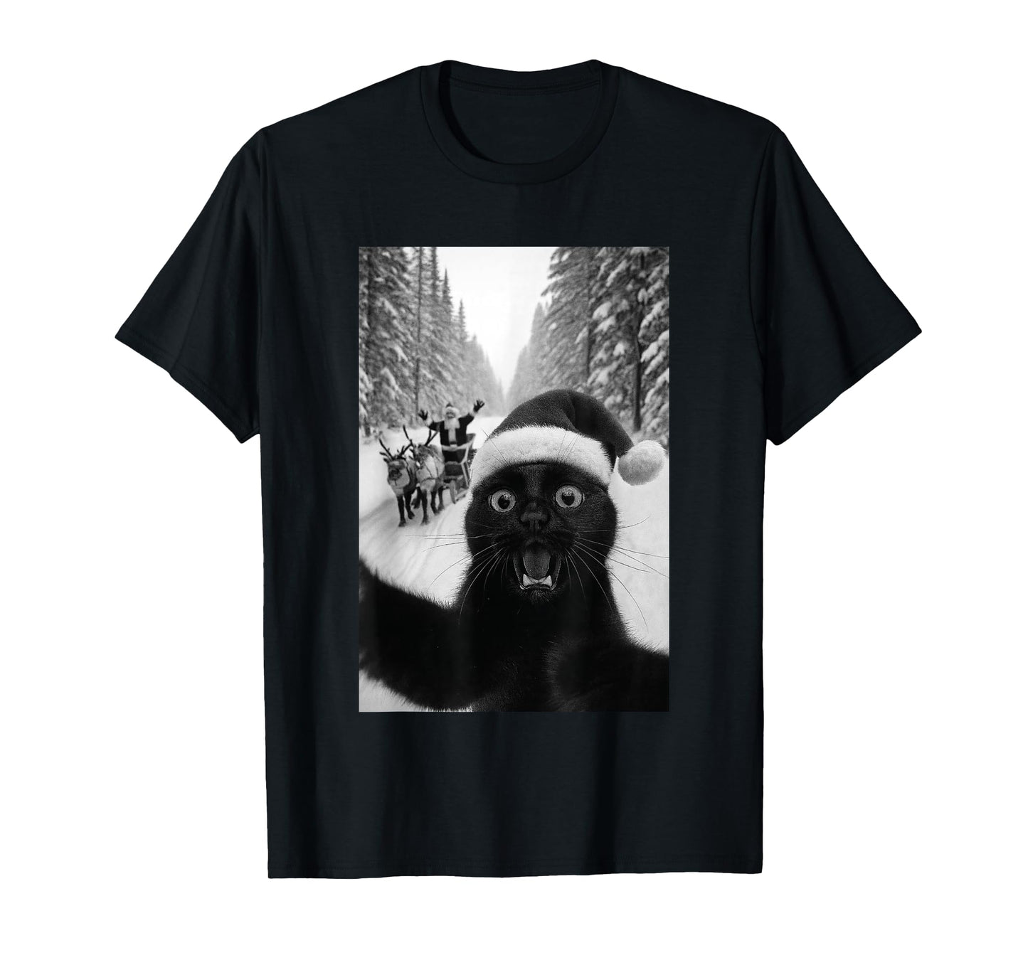 Funny Black Cat Selfie with Santa Christmas T-Shirt