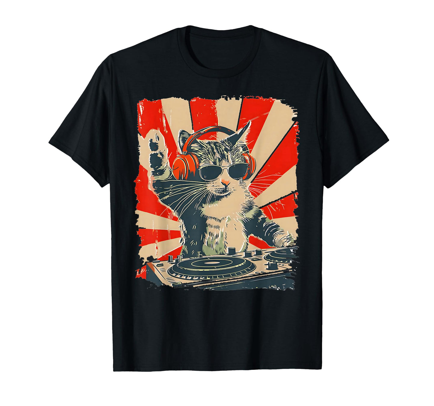 Funny DJ Cat with Headphones Retro Music Lover Art T-Shirt