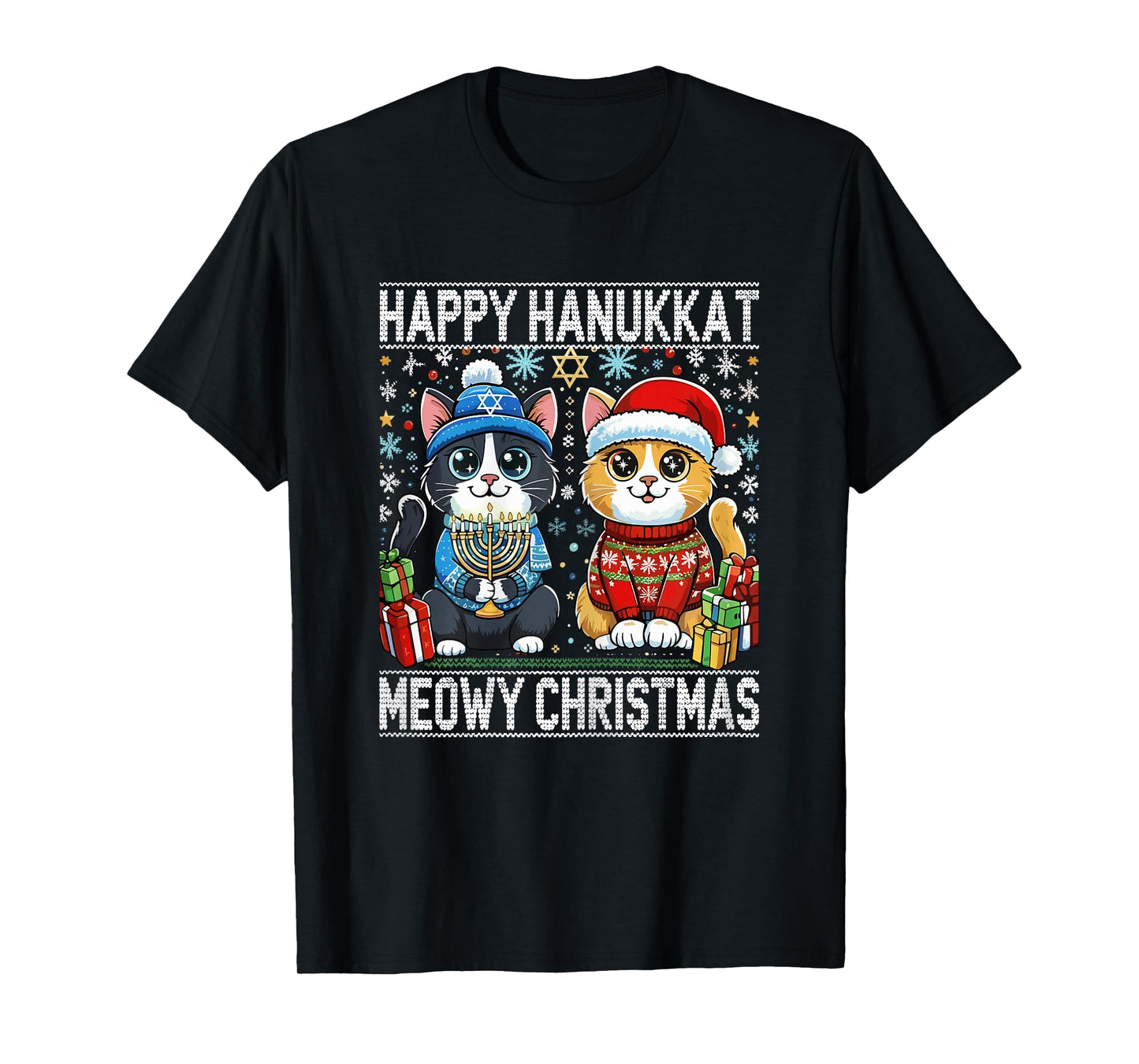 Cat Lover Merry Christmas Happy Hanukkah T-Shirt
