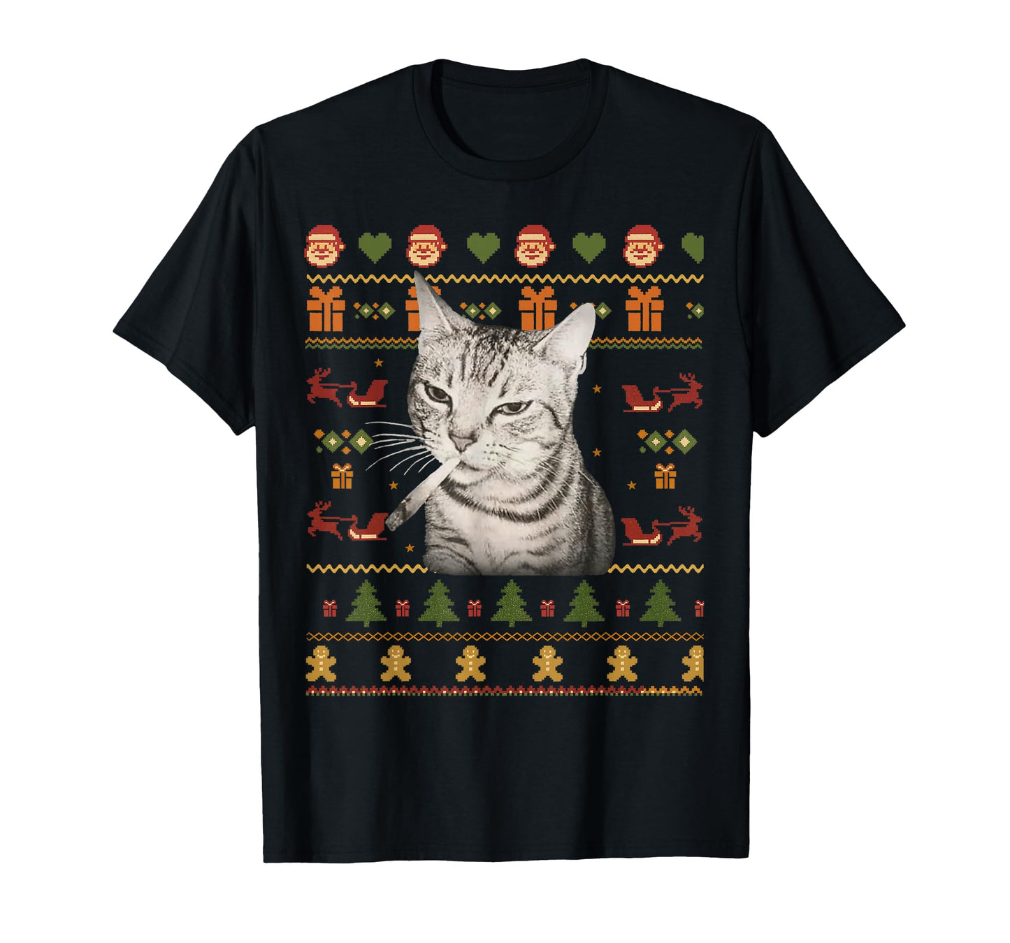 Funny Smoking Cat Meme Christmas Ugly Sweaters for Men T-Shirt