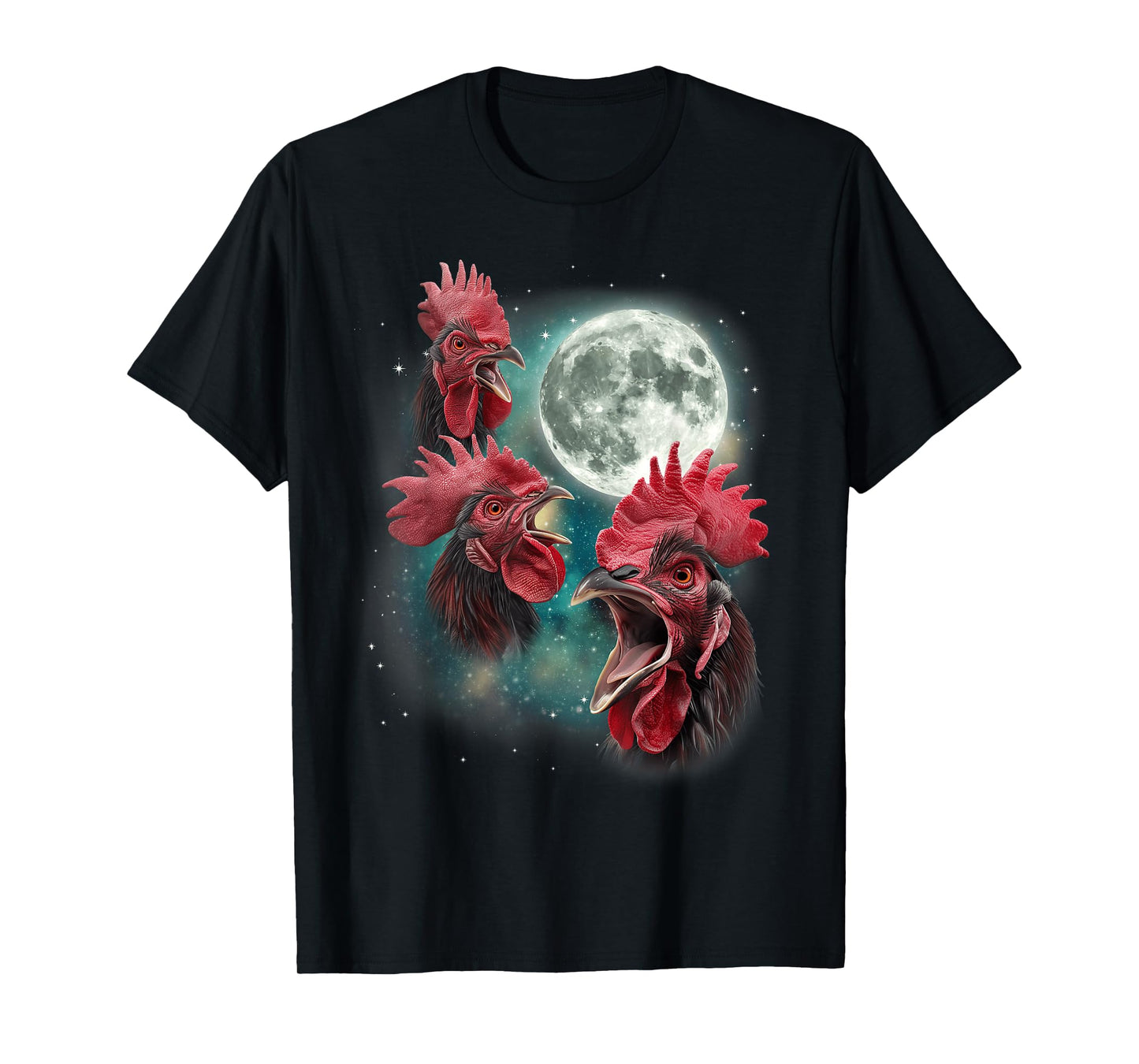 Three Rooster Moon | 3 Chickens Cluck at Moon Cursed Farm T-Shirt