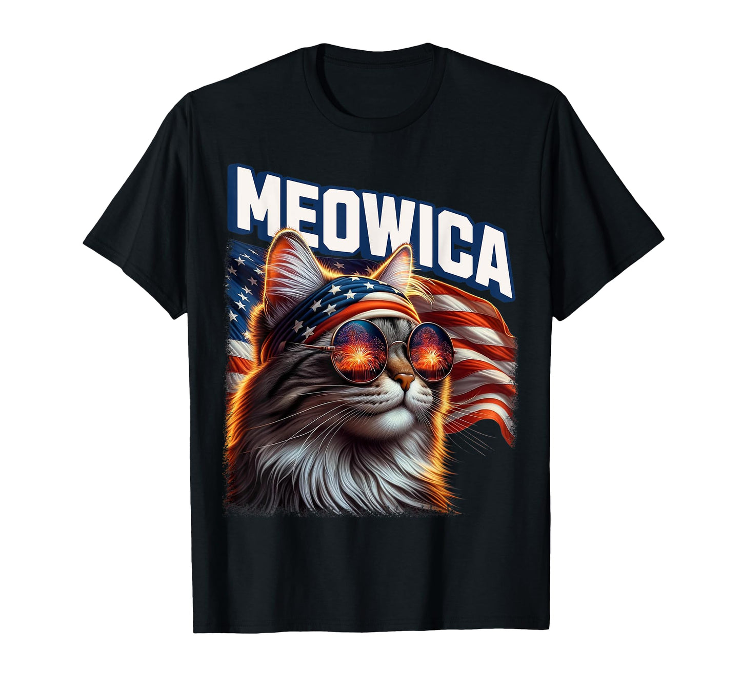 Meowica 4th of July Patriotic Cat American Flag 4th of July T-Shirt for Women Kids Men