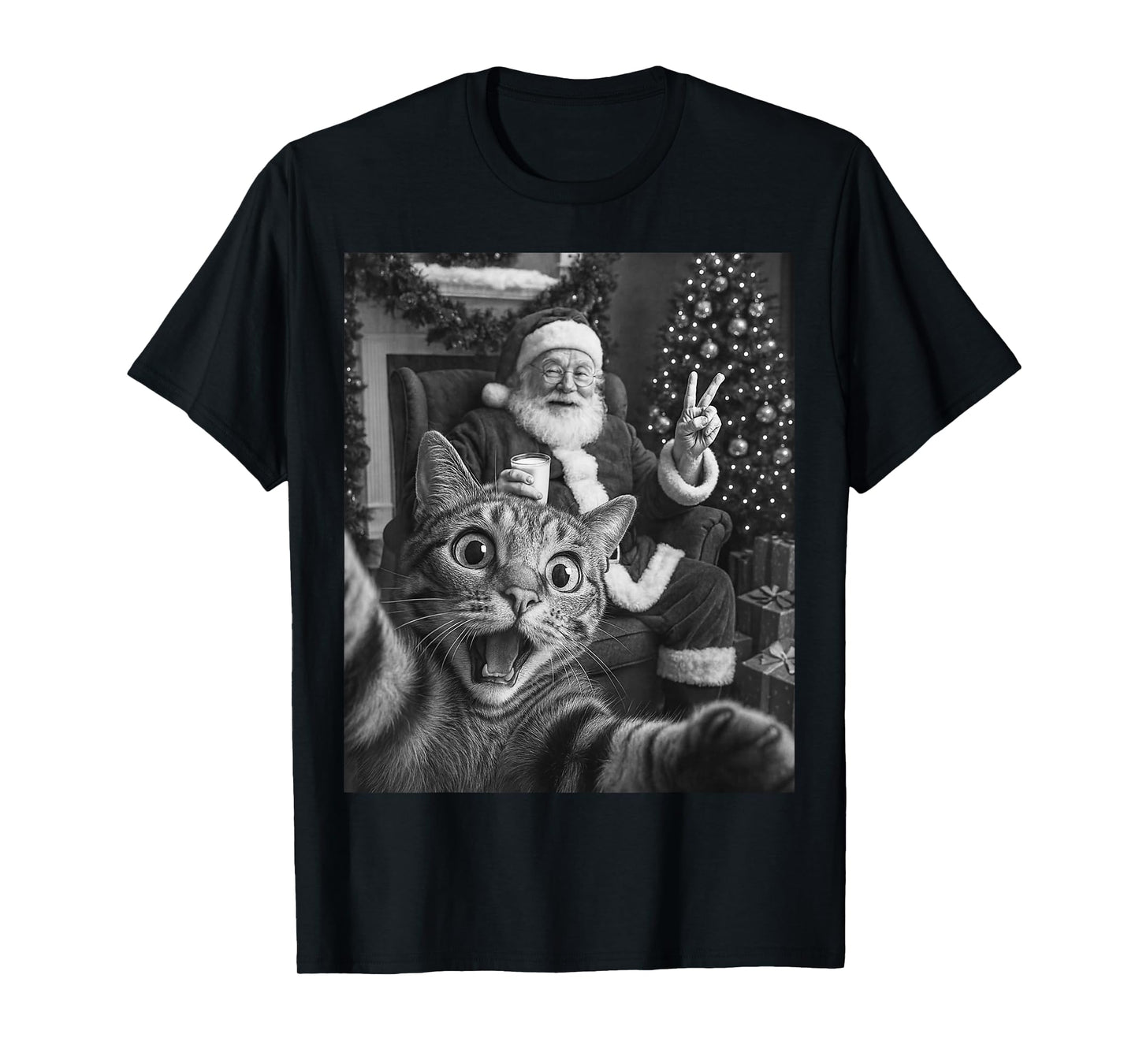 Christmas Santa Claus Merry X-Mas Funny Cat Selfie Men Women T-Shirt