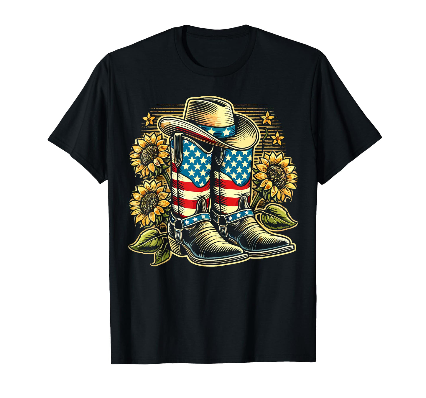 Cowboy Boots Hat American Flag Sunflower Country Western T-Shirt