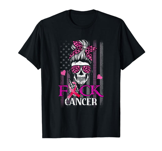 Messy Bun Skull Breast Cancer Awareness Fuck-Cancer USA Flag T-Shirt