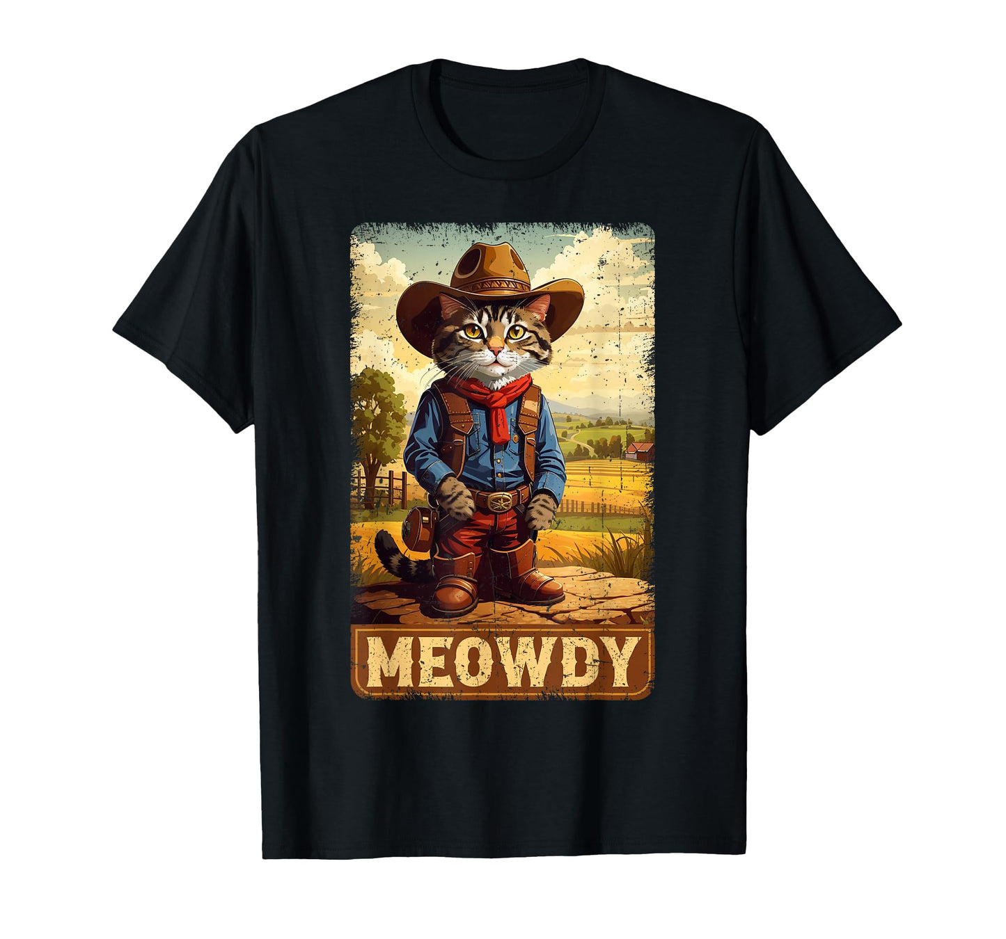 Meowdy Funny Country Side Cat Hat Vintage Cowboy Cat T-Shirt