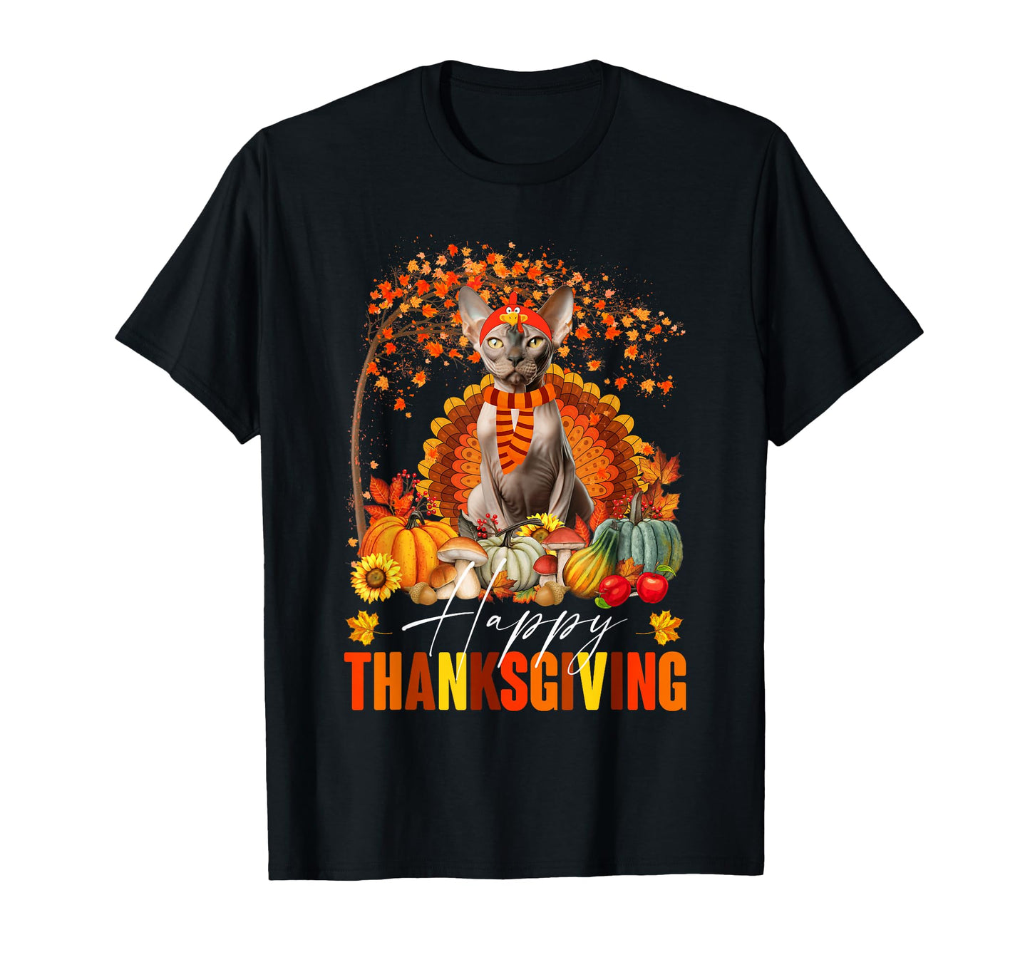 Funny Sphynx Cat In Turkey Costume Happy Thanksgiving Day T-Shirt