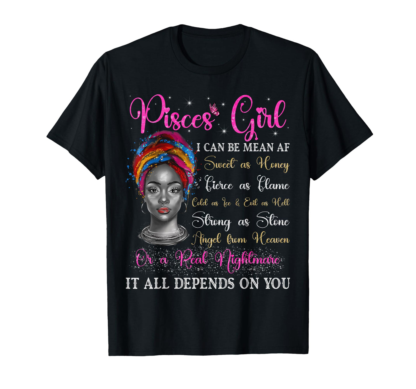 Pisces Girl Black Queen Zodiac Birthday Afro Woman T-Shirt