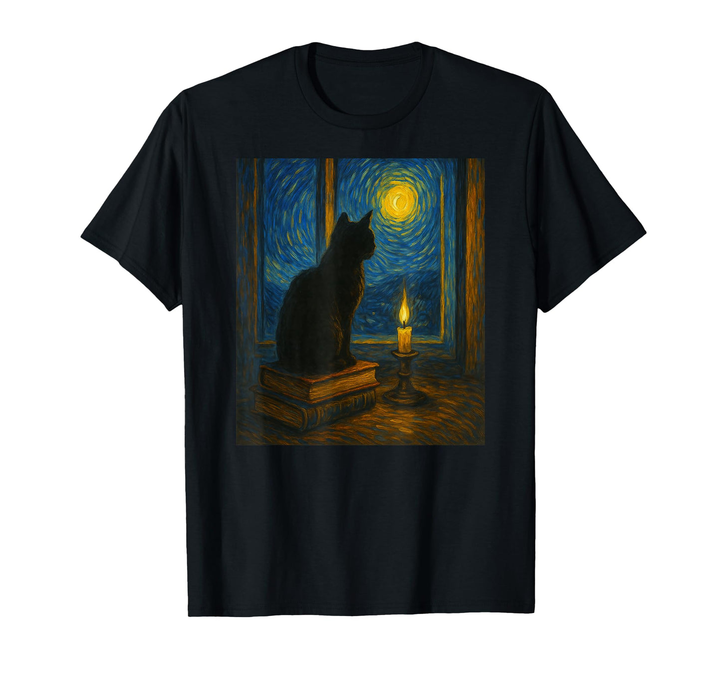 Van Gogh Starry Night Art Cat and Book Lovers T-Shirt