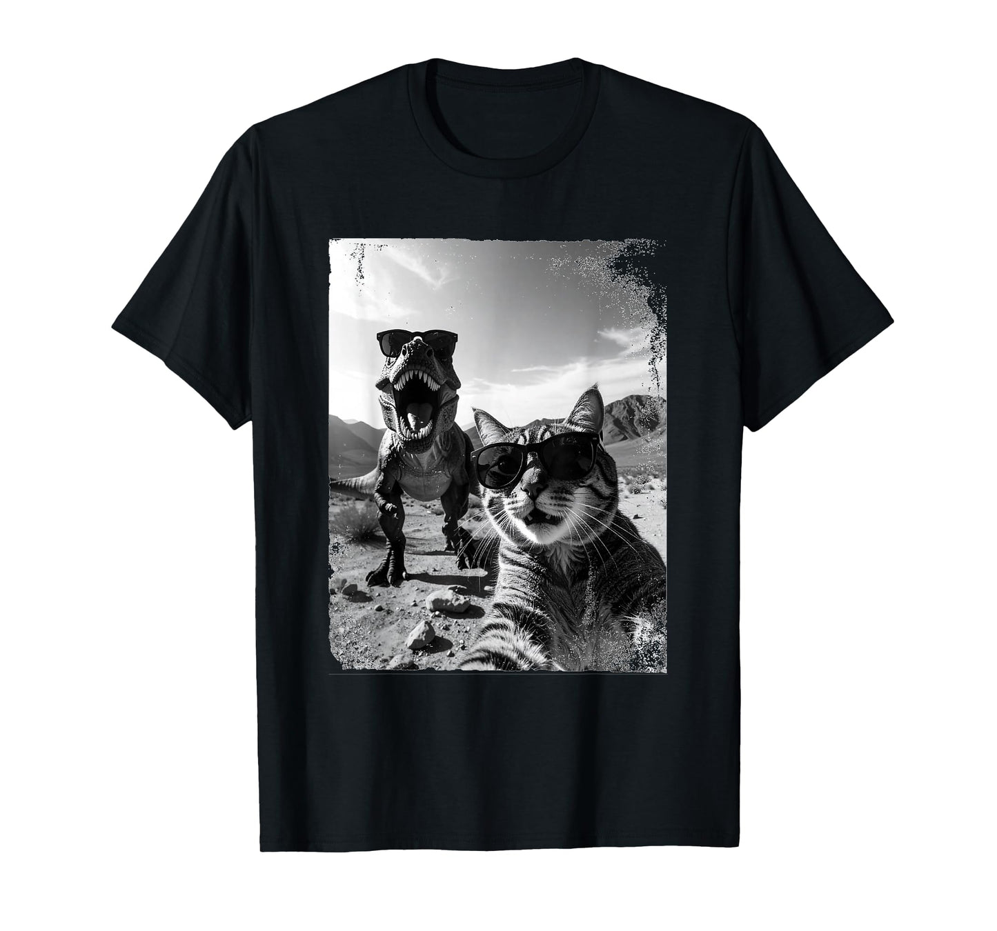 Funny Cat and T-Rex Wearing Sunglasses Selfie Humor T-Shirt