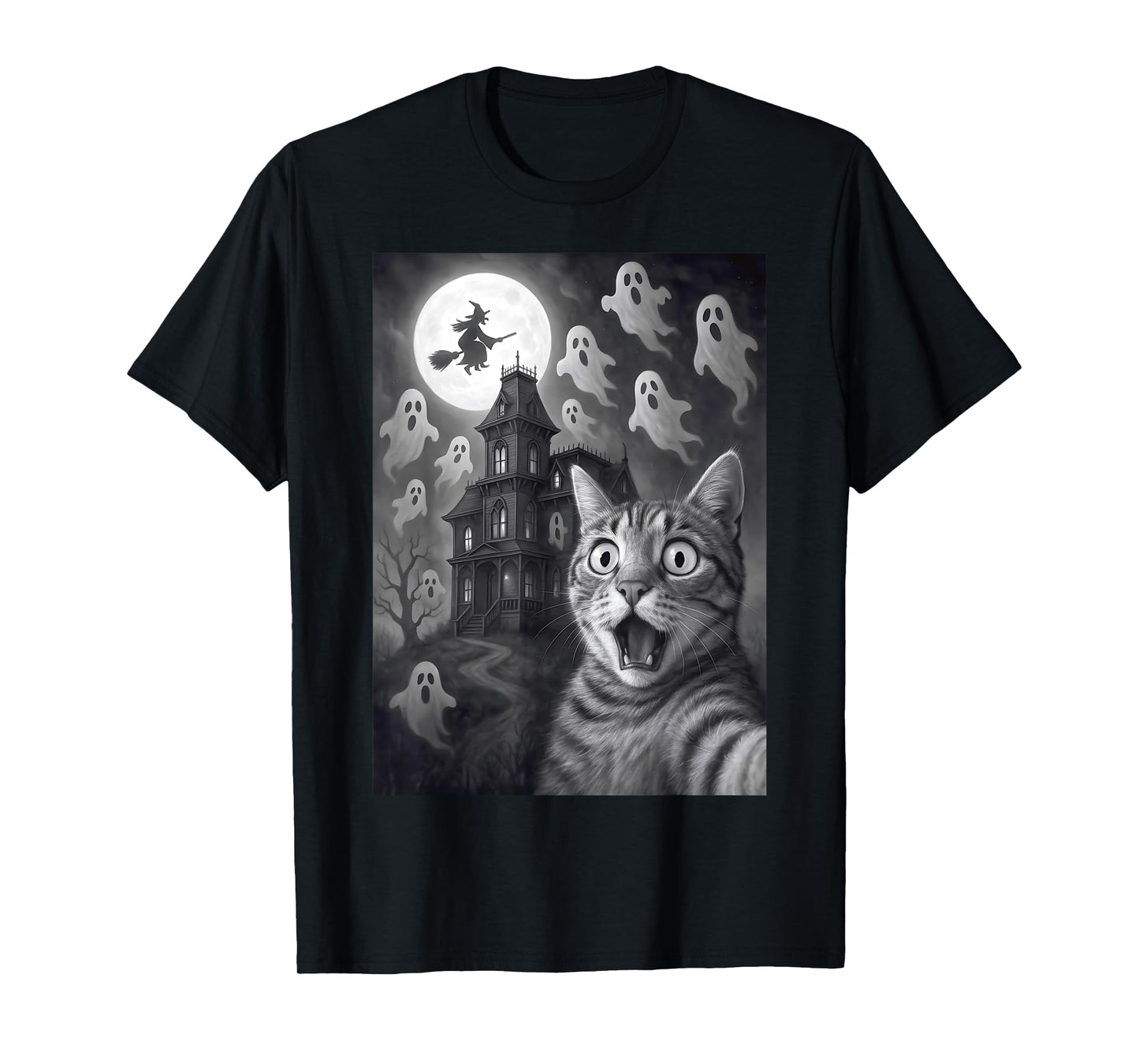 Halloween Cat Selfie Scary House Ghosts Funny Cat Halloween T-Shirt