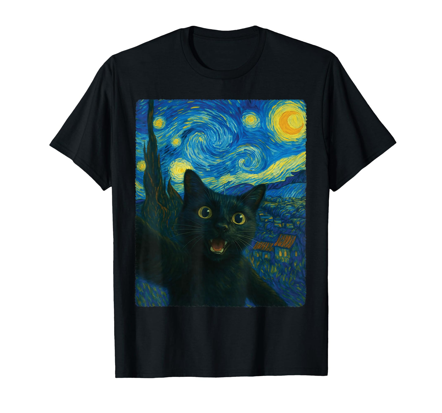 Starry Night Black Cat Van Gogh Cat Selfie Cat Graphic T-Shirt