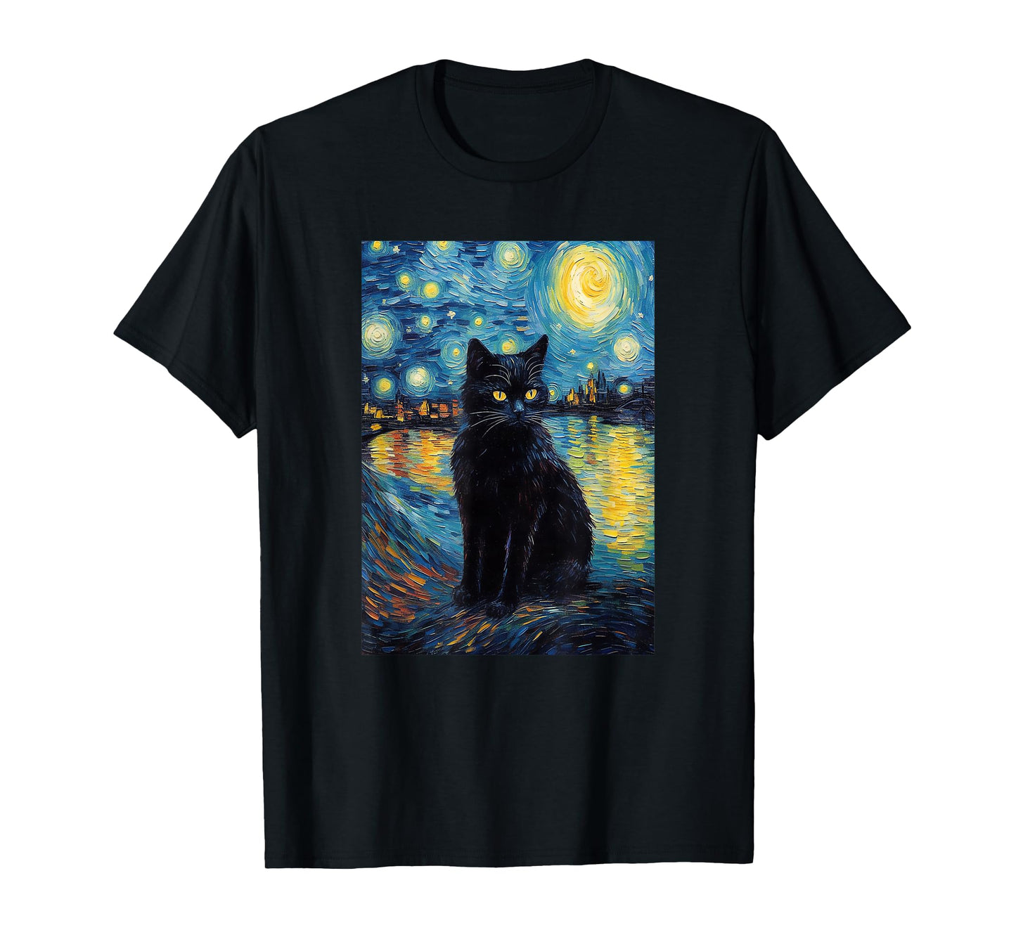 black cat Painting art Starry Night kitty kitten Van Gogh T-Shirt