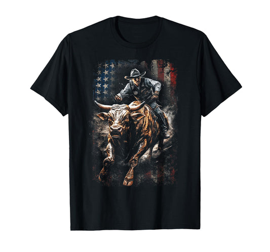 Vintage American Flag Bucking Bull Riding Patriotism Rodeo T-Shirt for Women Kids Men