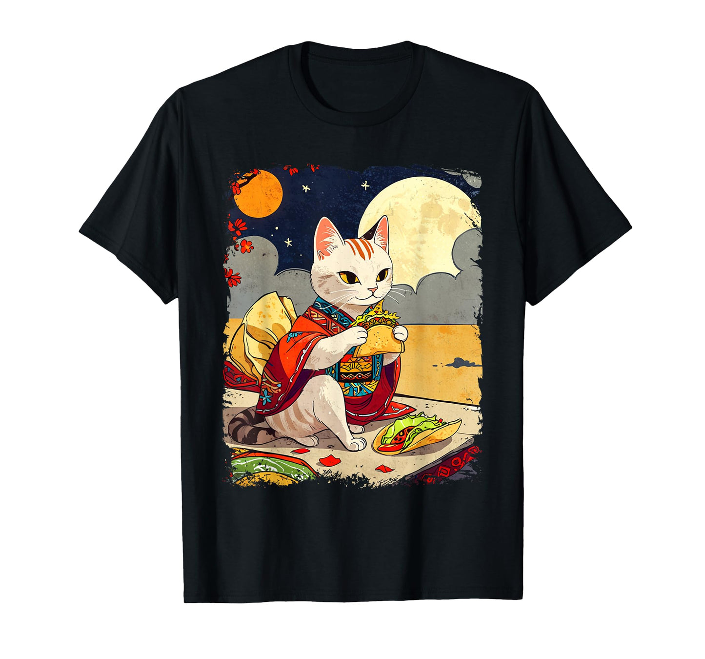 Cat Eating Tacos Funny Taco Cat Ukiyo-e Art Mexican Cat T-Shirt