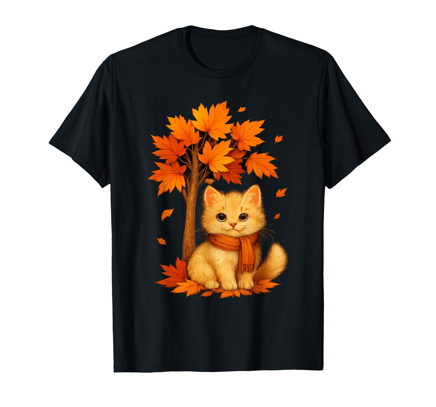 Cute Fall Cat Hello Autumn Leaves Tree Thanksgiving T-Shirt