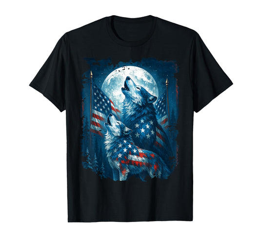 4th of July American Flag Wolf Howling Moon Wolves July 4th T-Shirt