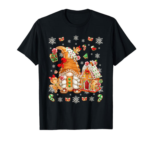 Cute Gingerbread House Decor for Women with Christmas Gnome T-Shirt