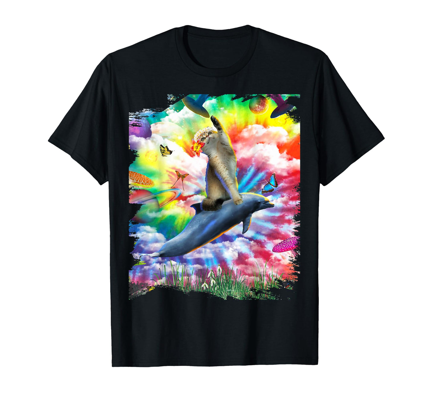 Cat Riding Dolphin Trippy Tie Dye T-Shirt