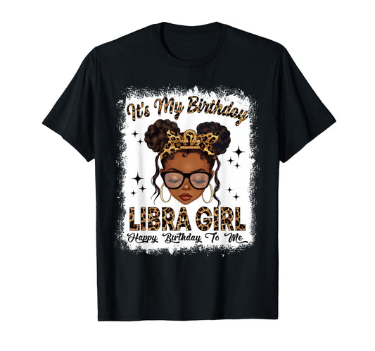 Libra Girl Leopard Messy Bun Black Girl Zodiac Sign T-Shirt