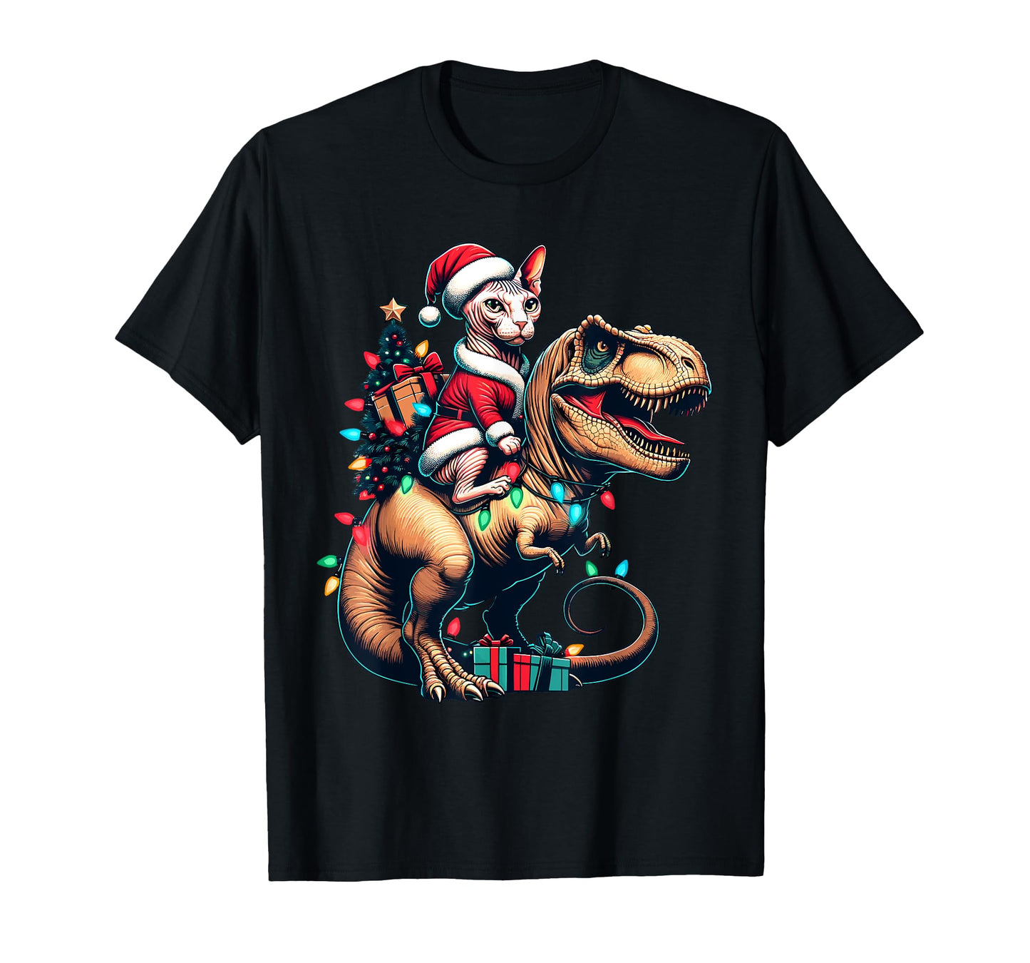 Funny Sphynx Cat Rides Santa T-Rex Vintage Christmas Sphynx T-Shirt for Men Women Kids