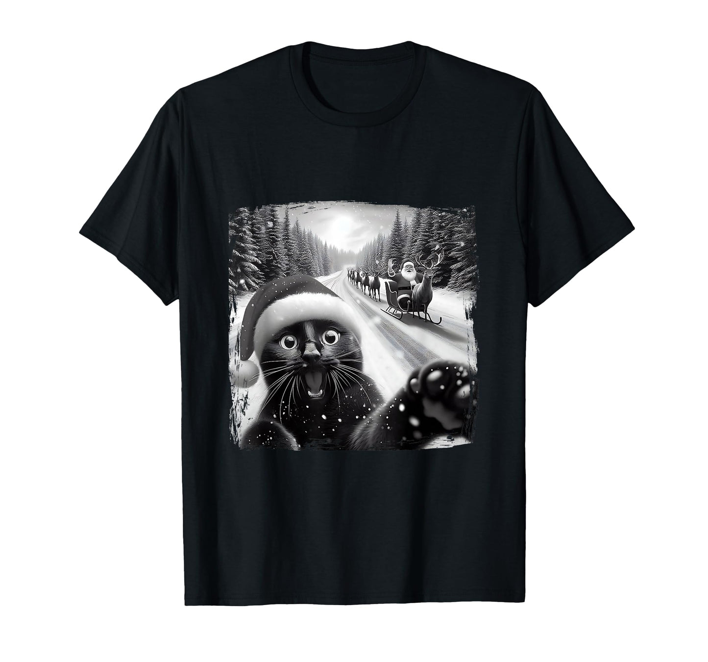 Funny Black Cat Christmas Selfie Santa Sleigh Snow Winter T-Shirt