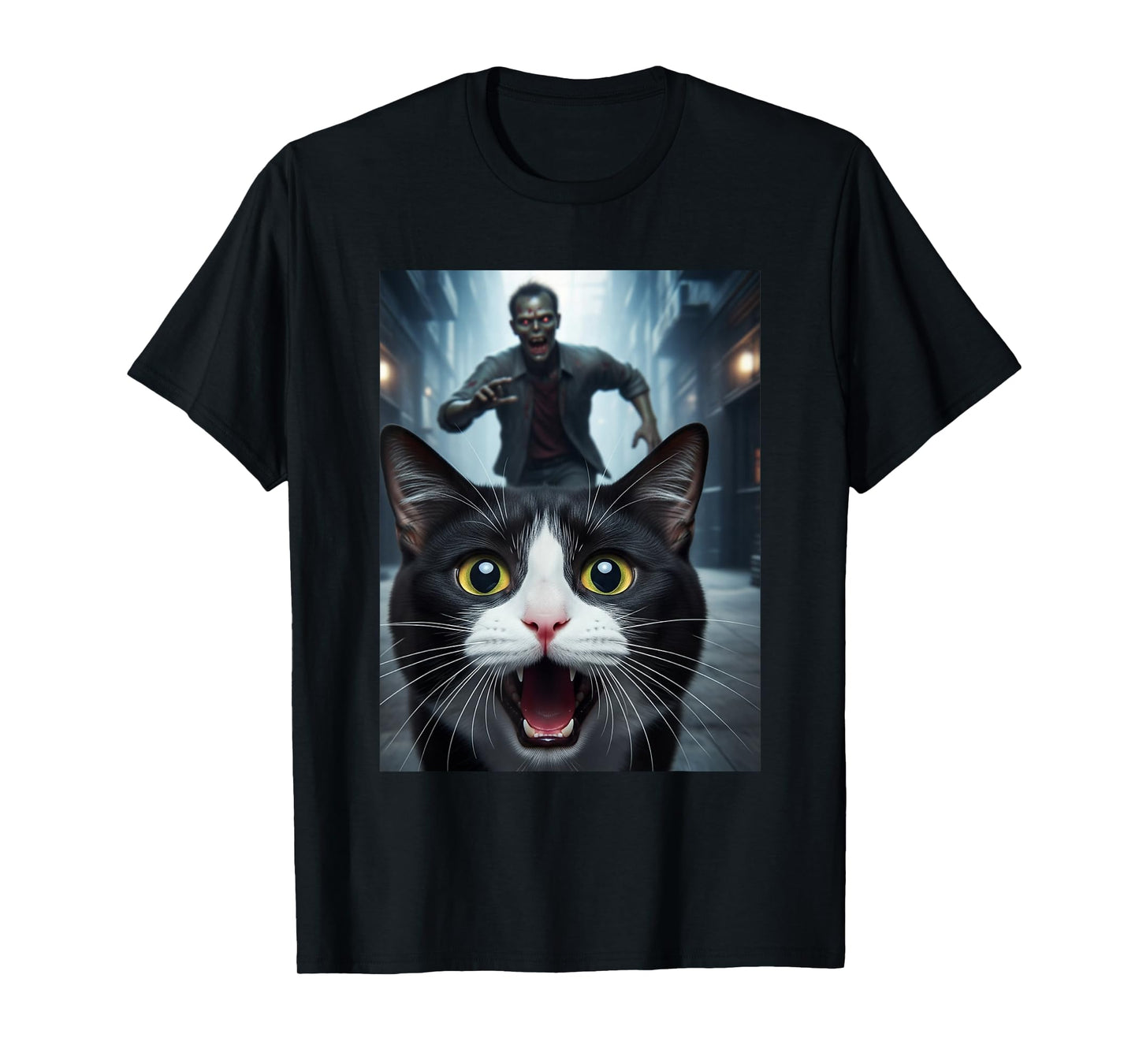 Tuxedo Cat Selfie with Zombie Funny Pet Owner Graphic T-Shirt