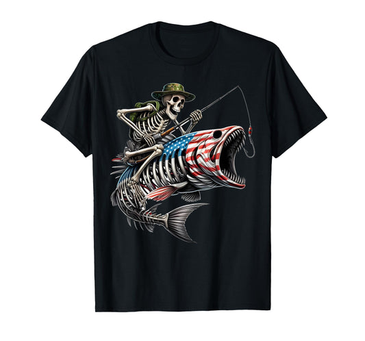 Fishing American Flag Bass Fish Skull Skeleton Fisherman T-Shirt