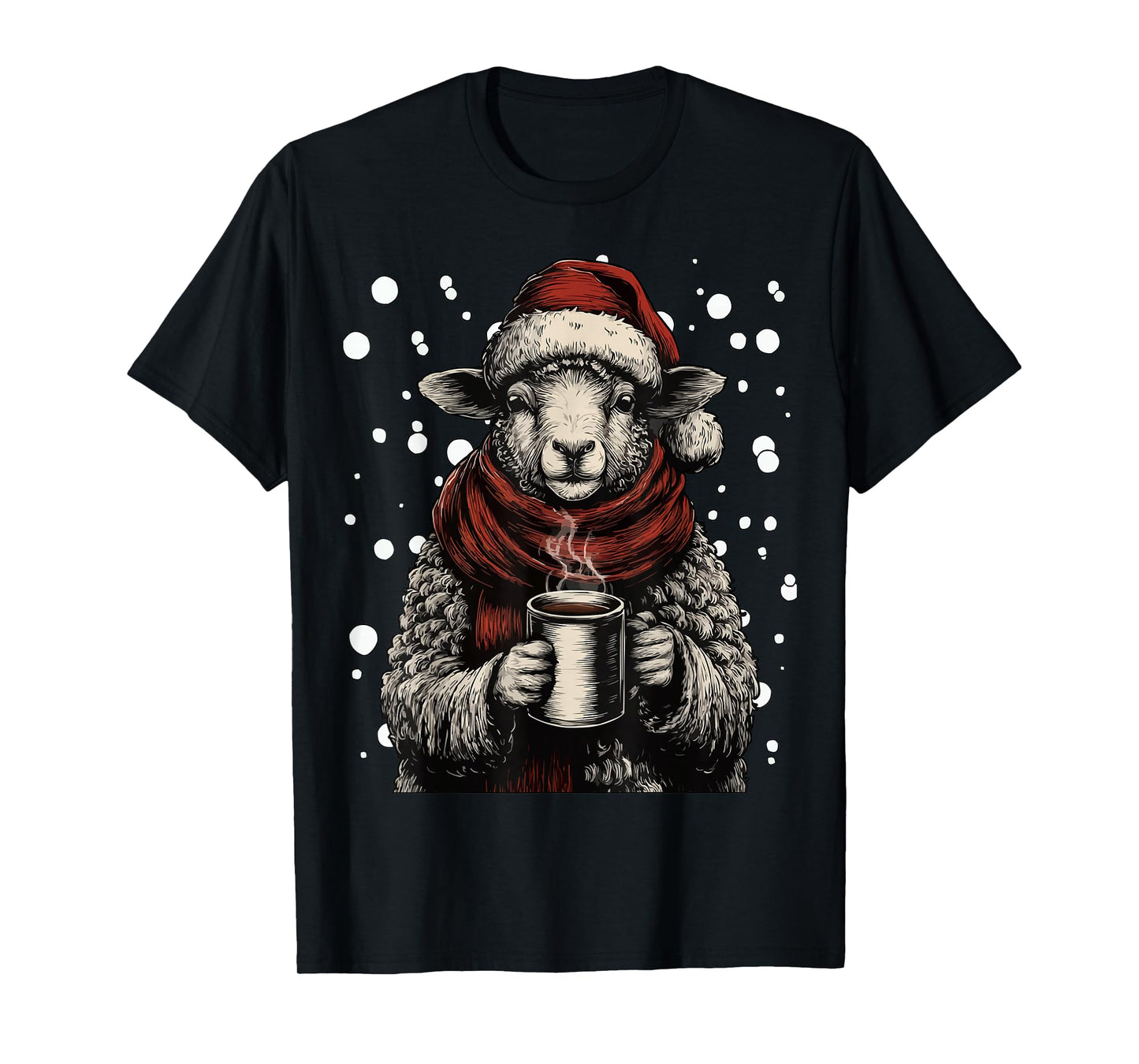Cute Christmas Sheep Santa Hat Coffee Lover Funny Winter T-Shirt