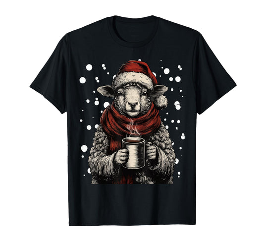 Cute Christmas Sheep Santa Hat Coffee Lover Funny Winter T-Shirt