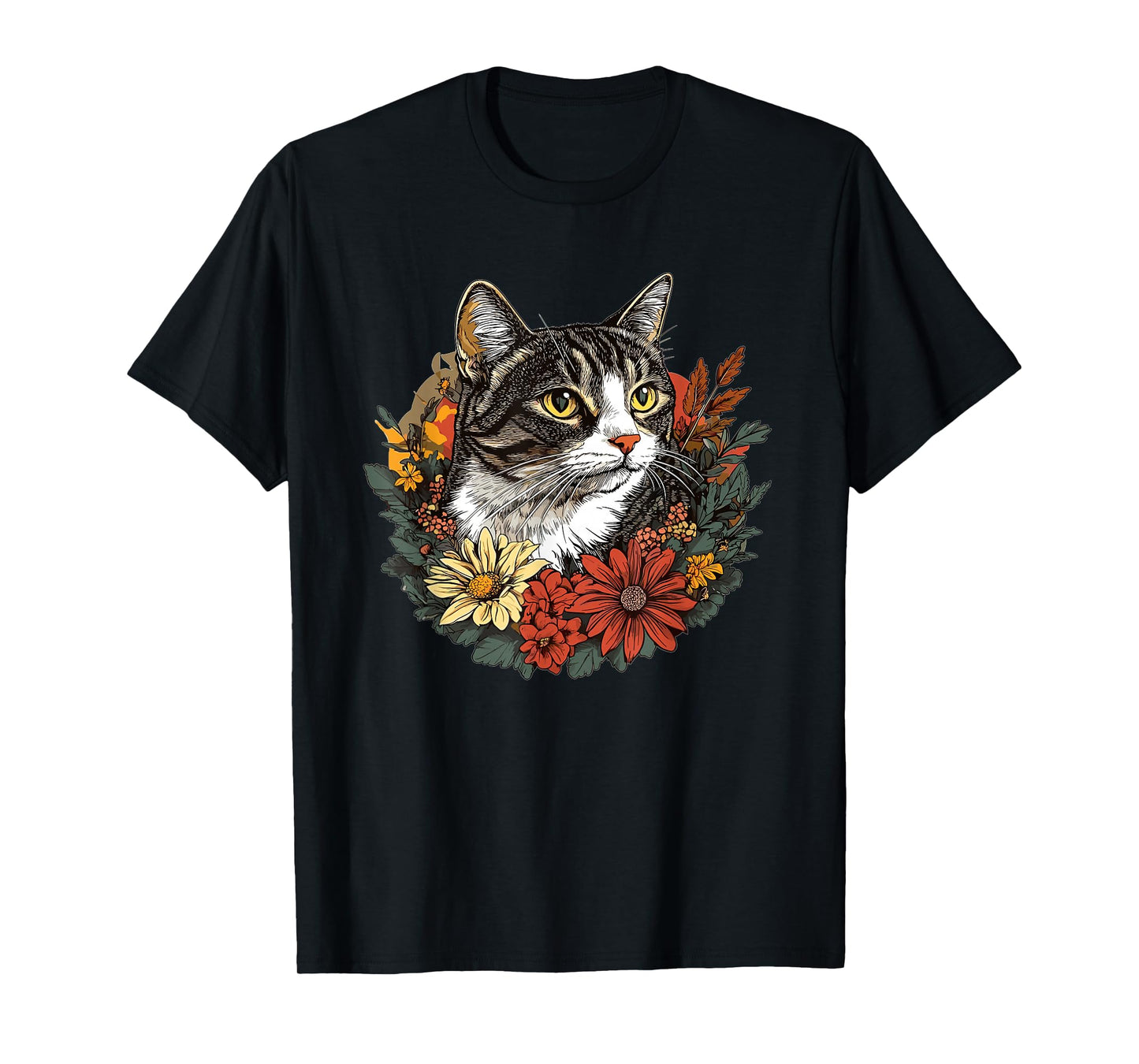 Tabby Cat Surrounded By Colorful Flowers T-Shirt