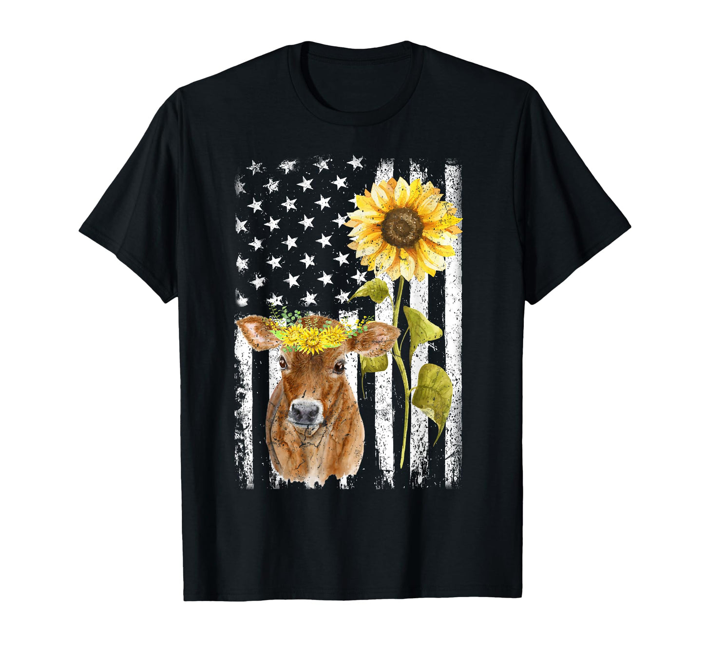 Cow USA Flag Sunflower Cow Lover Women Girls Kids Men T-Shirt