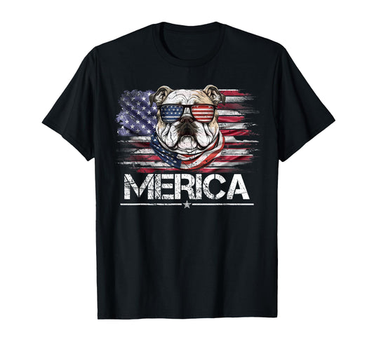 Vintage Bulldog Dog, Merica Bulldog Dog USA Flag Funny T-Shirt