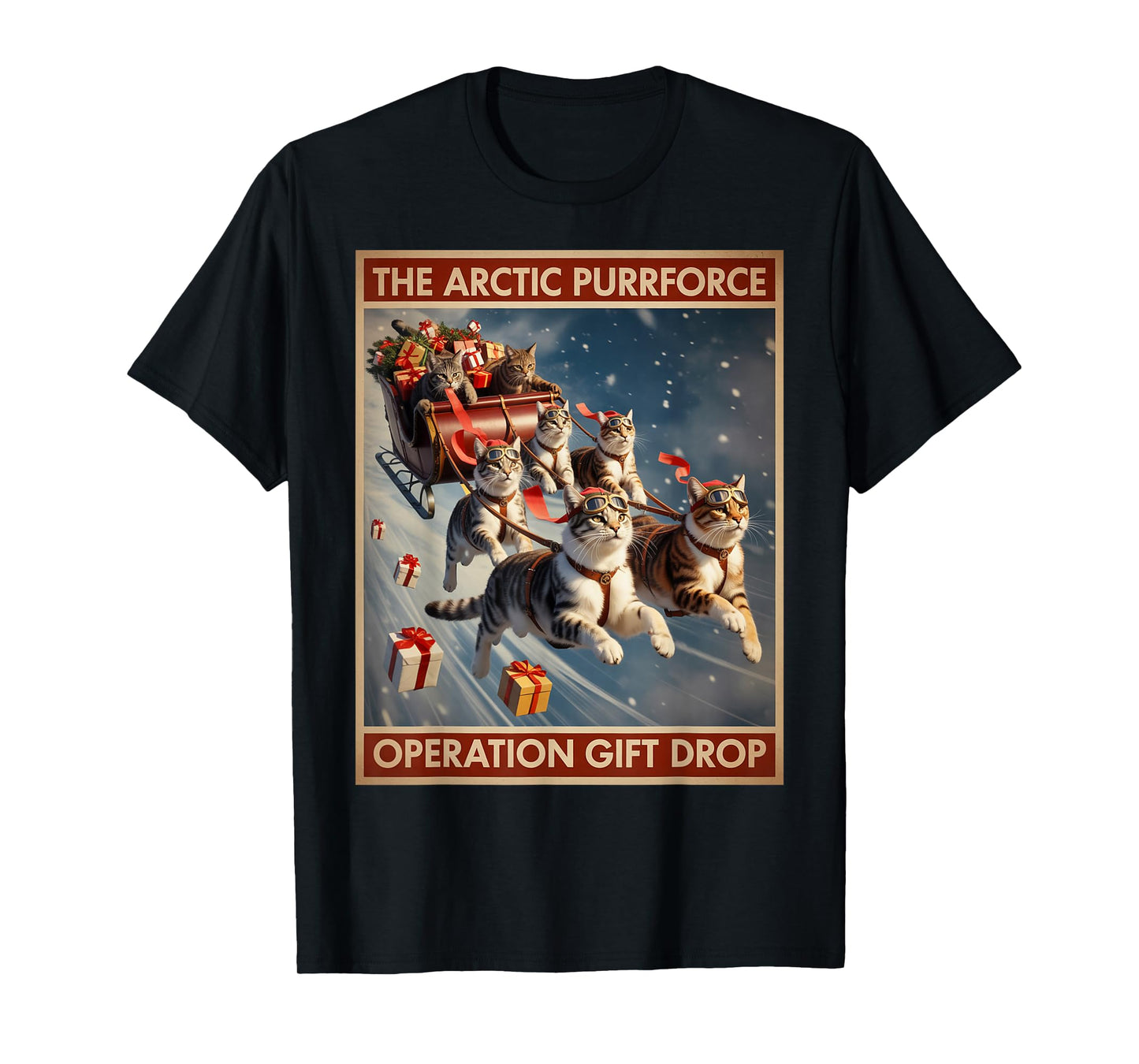 The Arctic Purrforce – Classic Christmas Cats Sleigh Ride T-Shirt