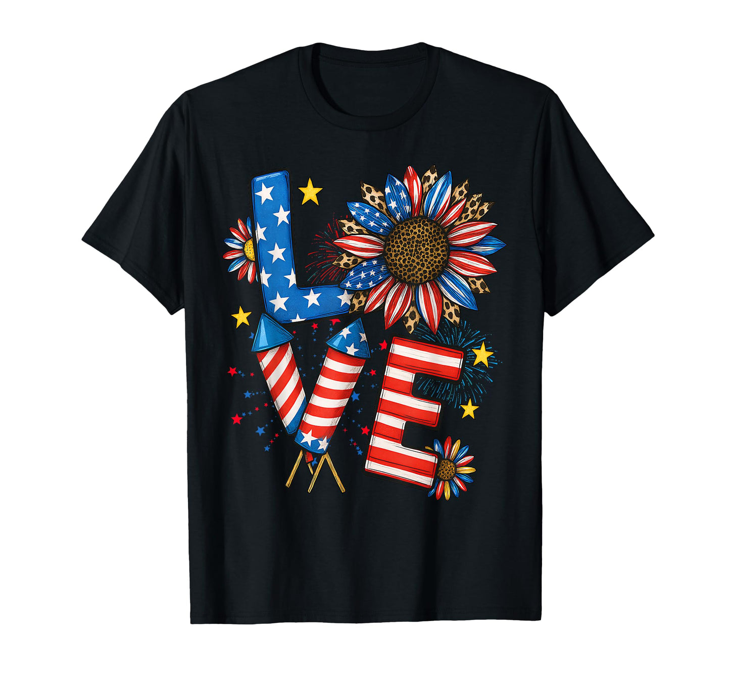 Patriotic LOVE 4th Of July American Flag Floral Fireworks T-Shirt