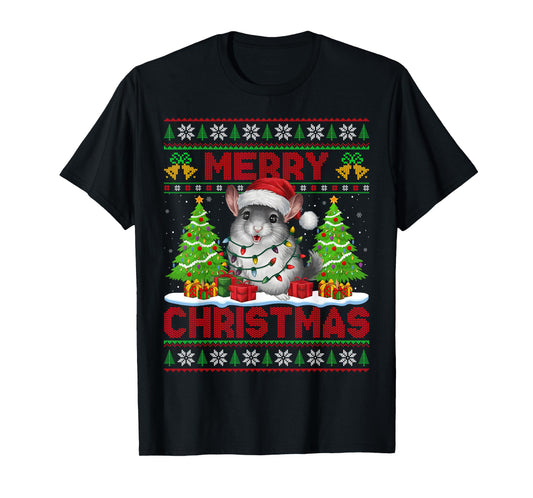 Chinchilla Ugly Christmas Sweaters Santa Hat Lights Xmas T-Shirt