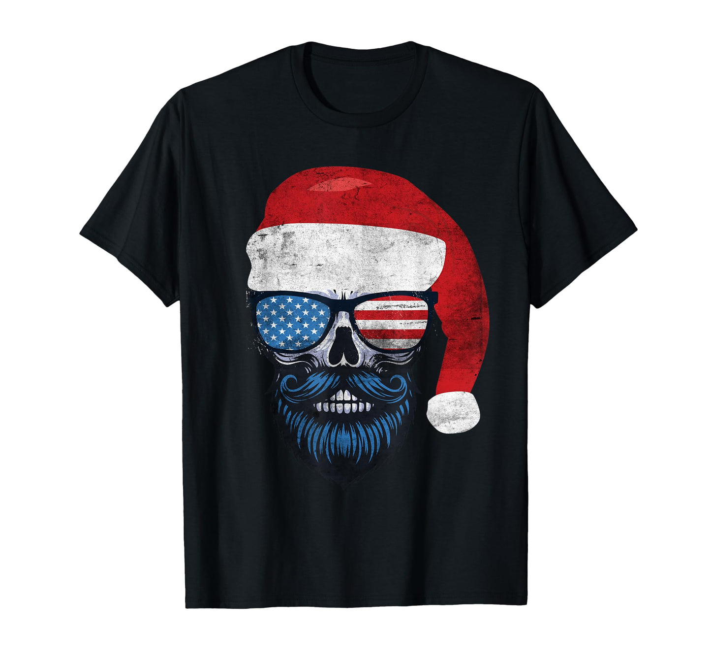 Hipster Santa US Flag Bearded Skull Sunglasses Patriotic T-Shirt
