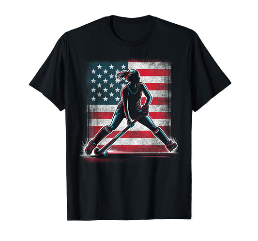 Field Hockey Girl USA United States Of America Flag T-Shirt