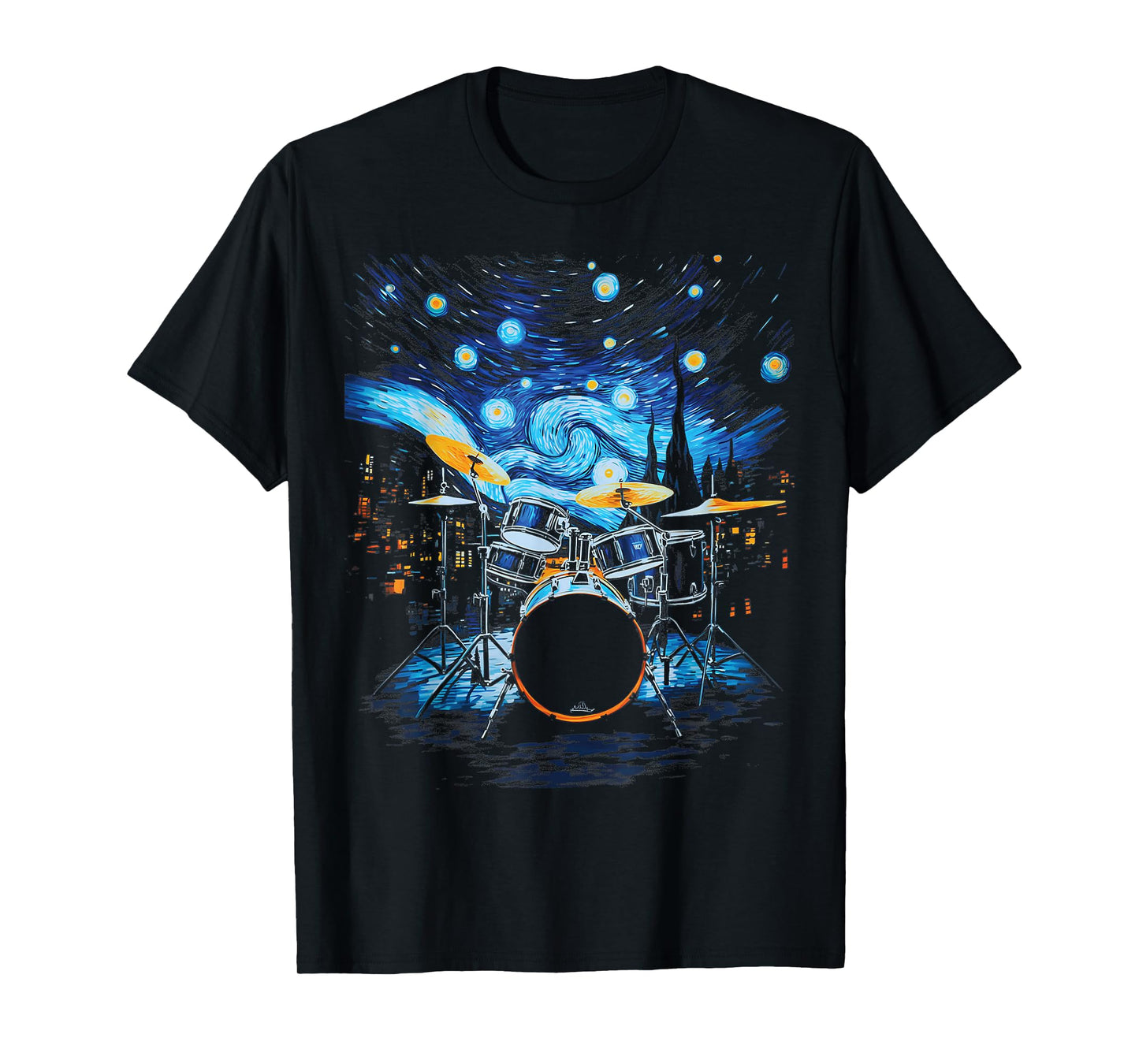 Van Gogh Starry Night Drummer Artistic Drum Set Music Lovers T-Shirt