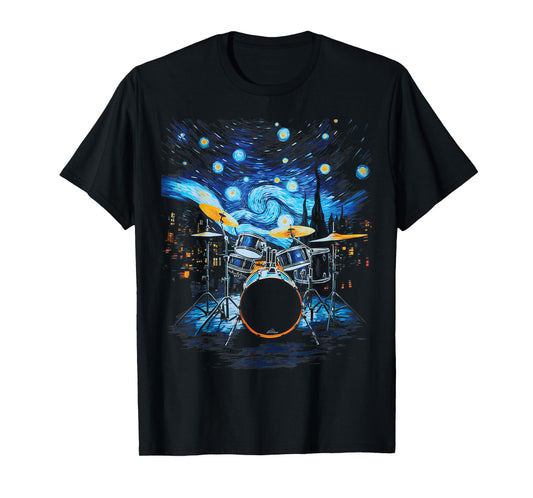 Van Gogh Starry Night Drummer Artistic Drum Set Music Lovers T-Shirt