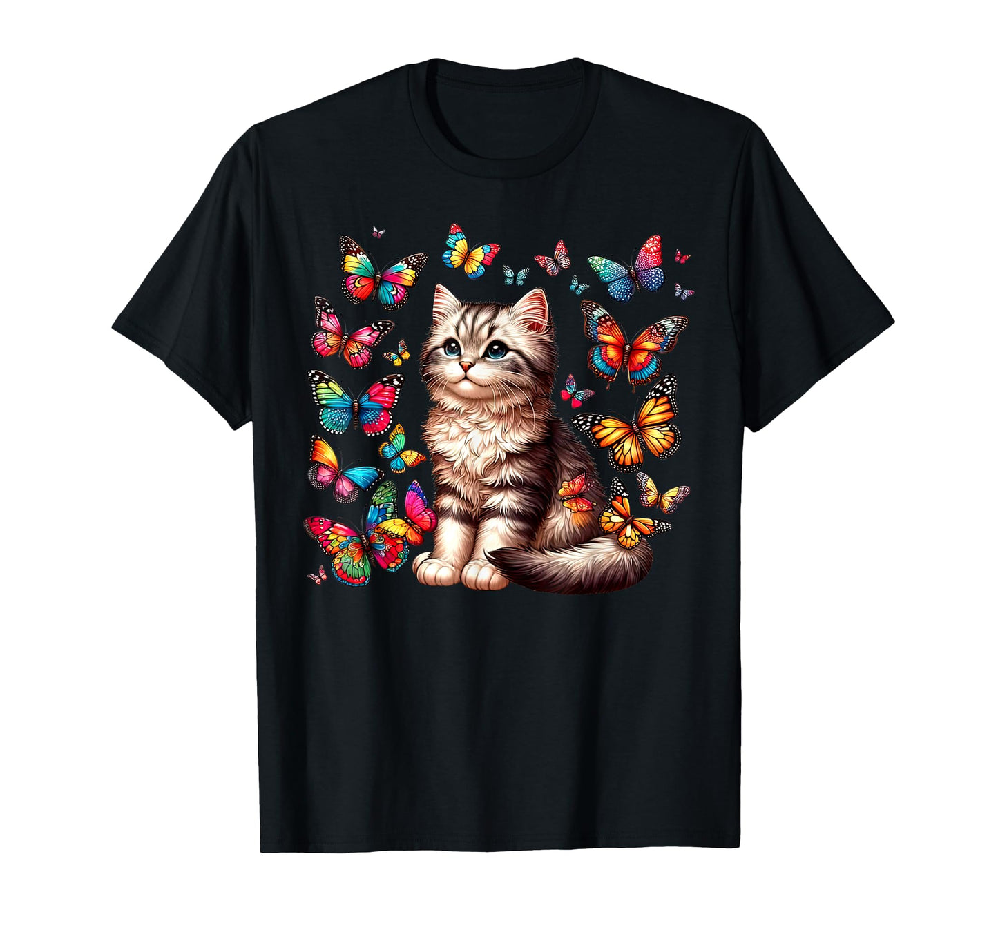 Cute Cat With Colorful Butterfly Art Pet Lover Kitten T-Shirt for Men Women Girls Kids