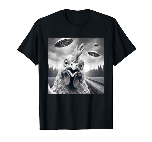 Chicken Rooster Funny Graphic Selfie with UFOs Weird Aliens T-Shirt