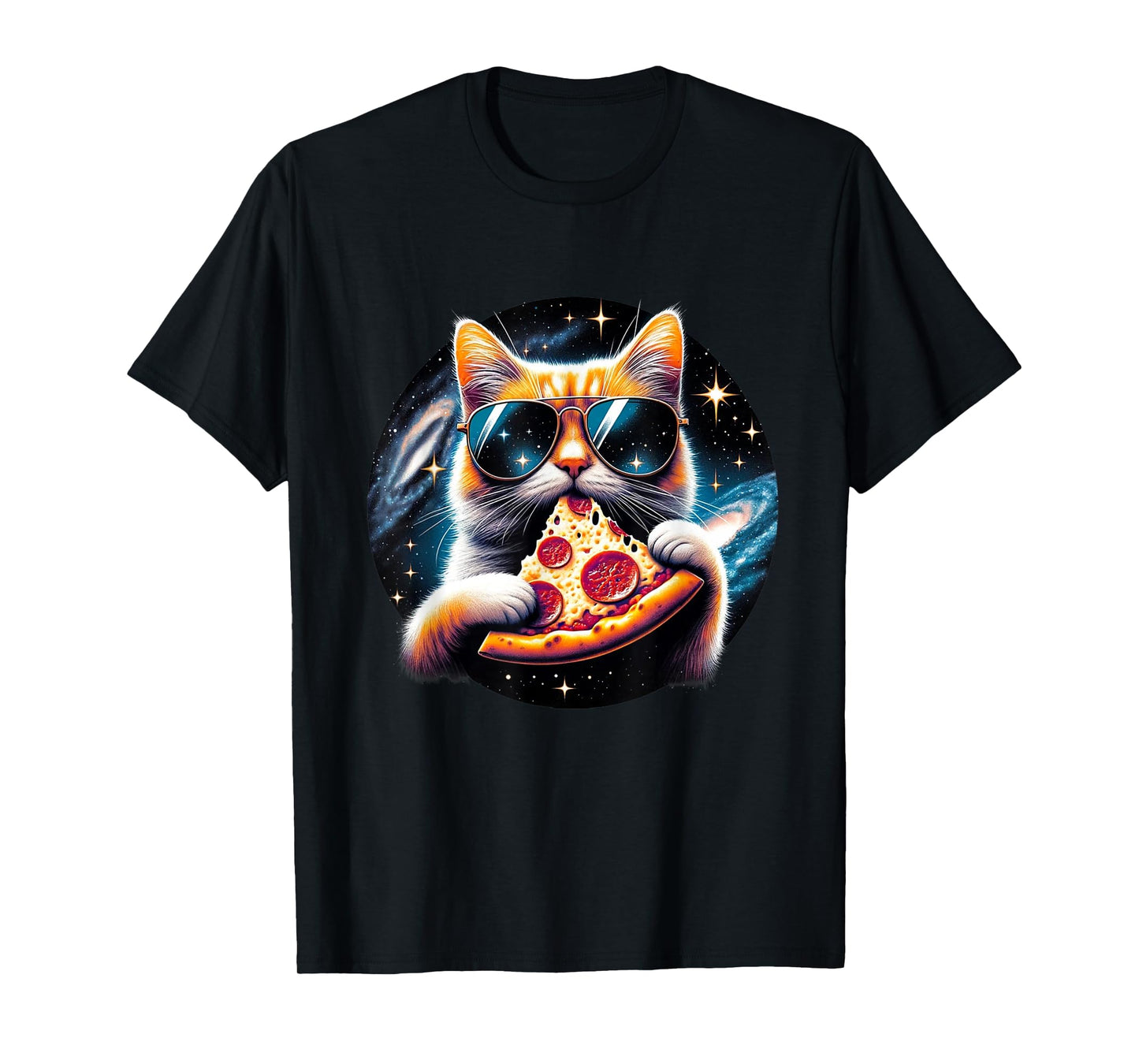 Funny Cat Eating Pizza in Space Kitty Galaxy T-Shirt