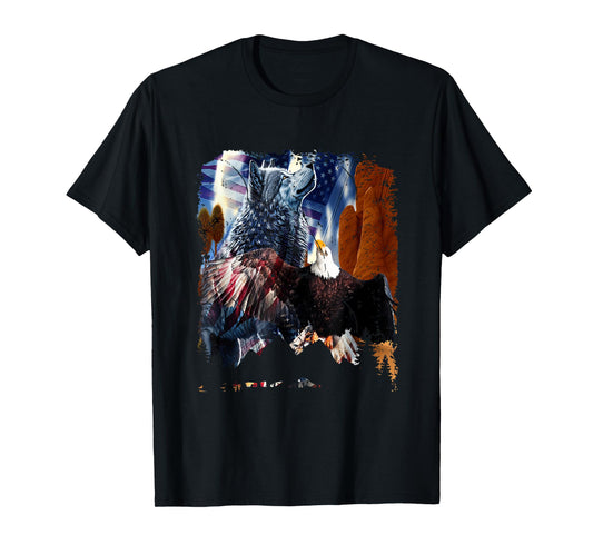 Wolf With Bald Eagles American Flag Patriotic Independence Women Men T-Shirt