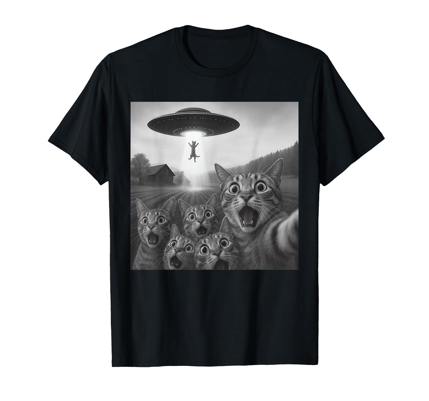 Cat Selfie With Alien UFO For Men Women Kids Funny Cat UFO T-Shirt