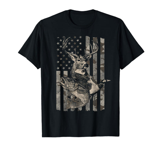 Fishing and Hunting American Flag Distressed T-Shirt