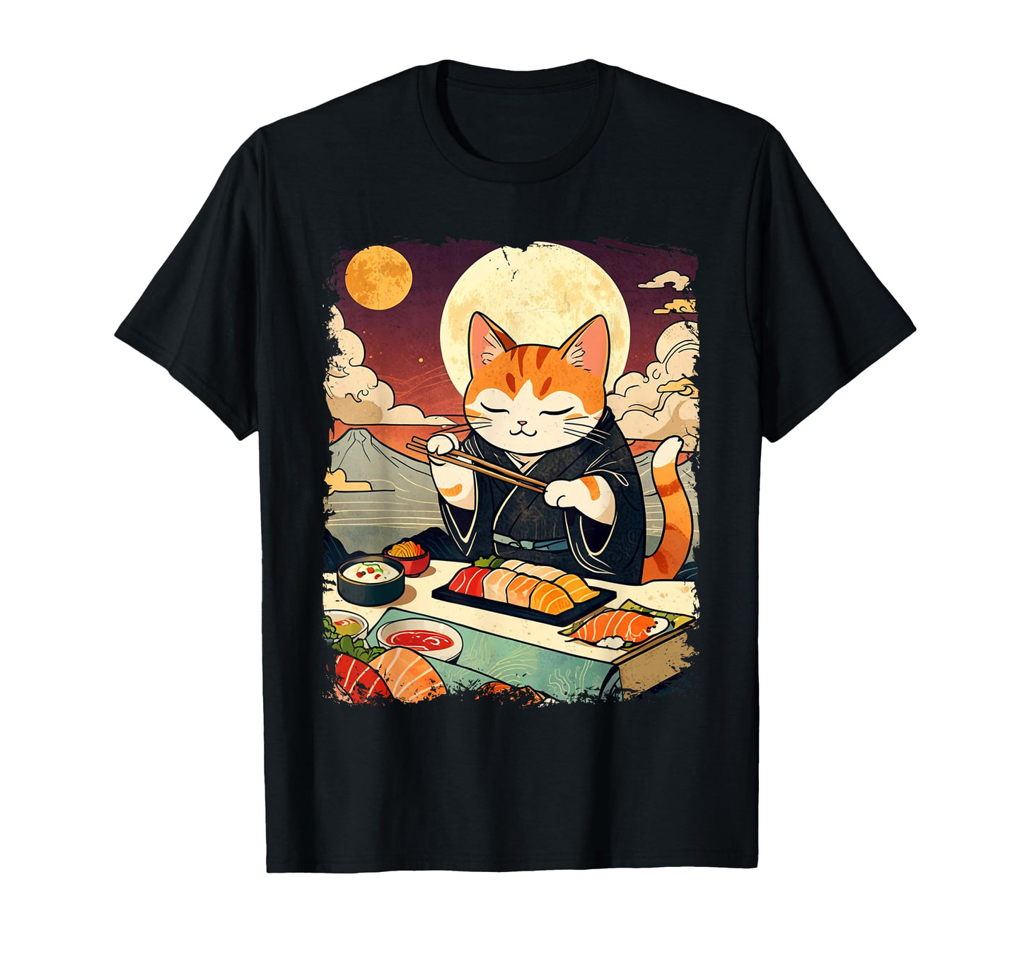 Cat Eating Sushi Funny Vintage Japanese Cat Ukiyo-e Art T-Shirt