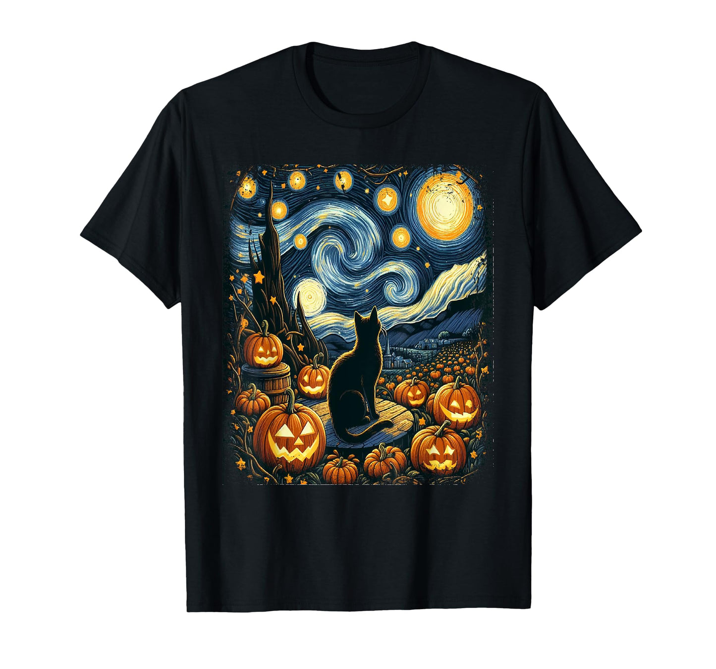 Halloween Van Gogh Starry Night Black Cat Pumpkins Men Women Kids T-Shirt