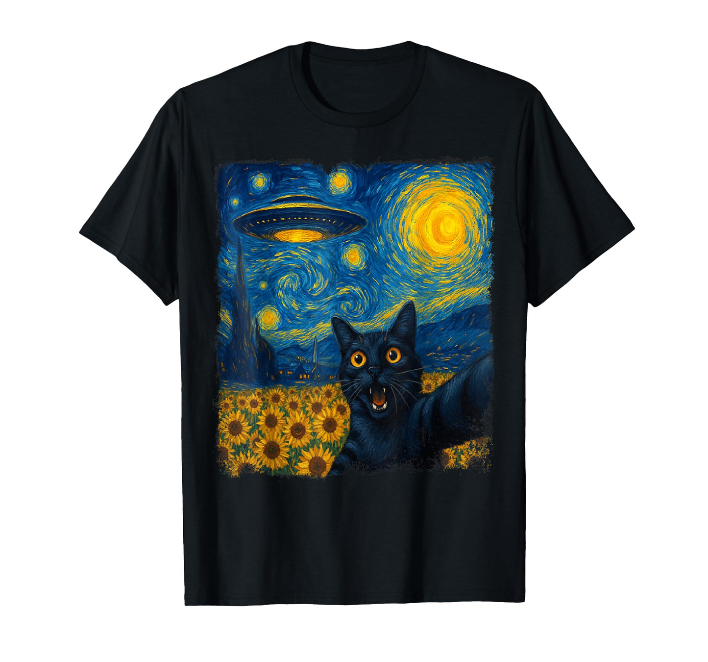Cat Selfie with UFO Starry Night Van Gogh Cat Men Women Kids T-Shirt