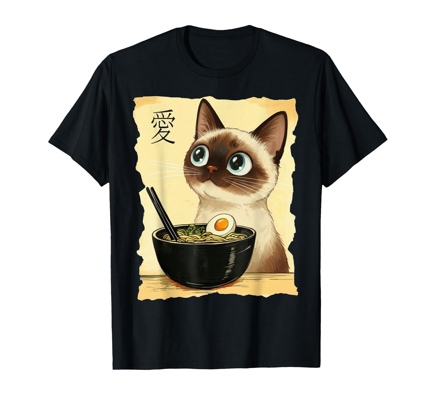 Funny Siamese Cat Eating Ramen Noodles Japanese Art Lovers T-Shirt